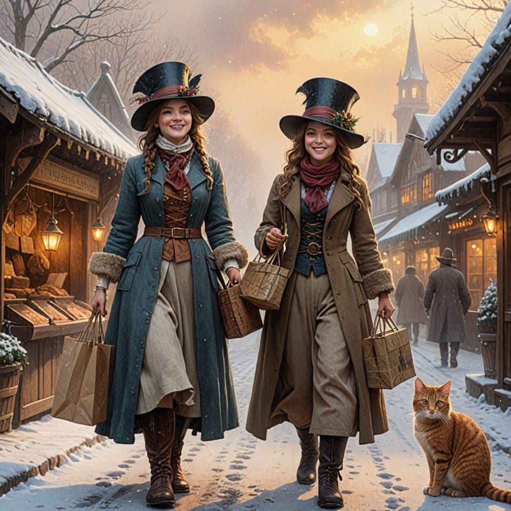 Ethereal Christmas Cats in Snowy Market Scene, Inspired by K...