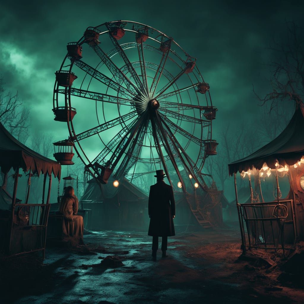 Gothic Noir Villain Lair in Abandoned Amusement Park