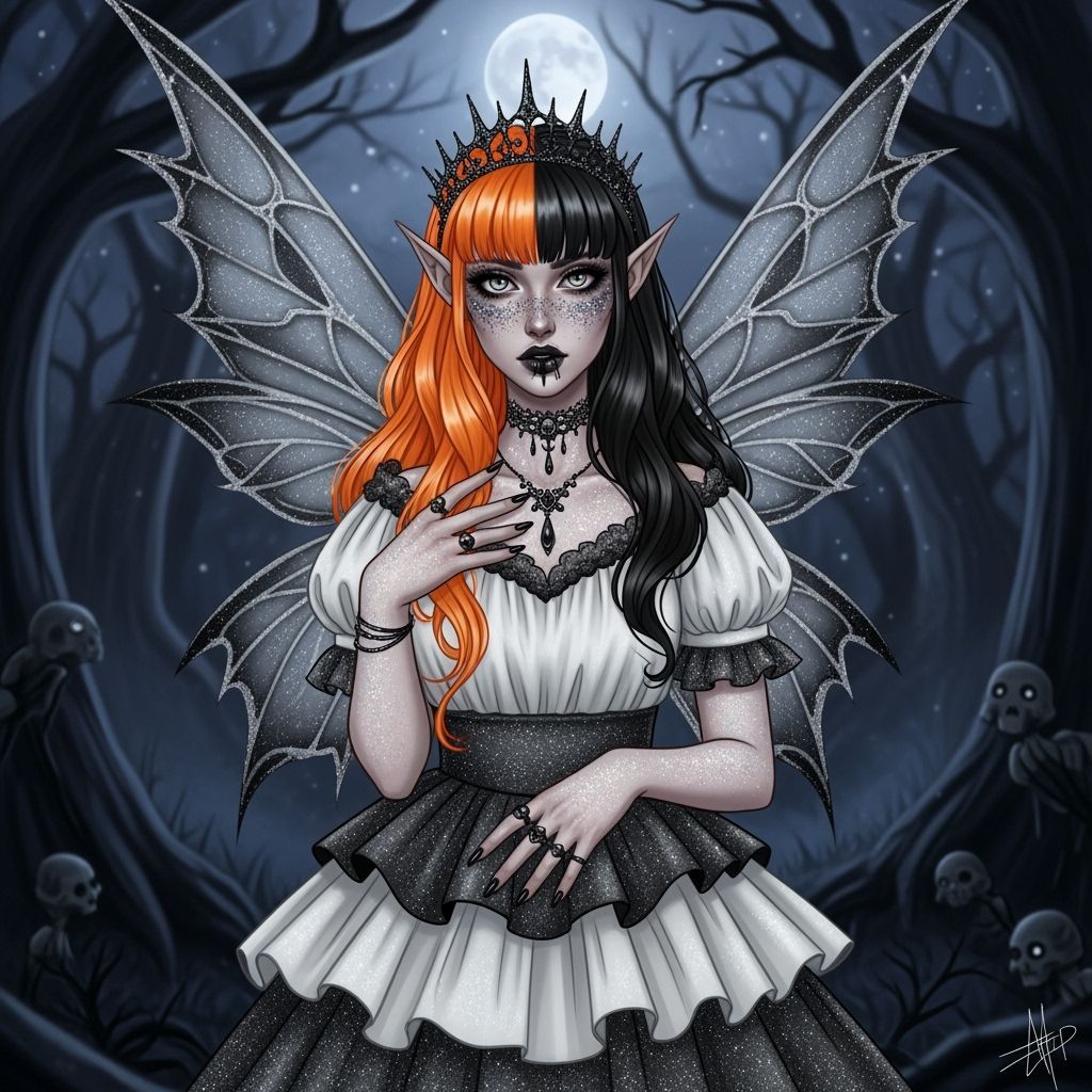 Eerie Fairy with Shimmering Wings in Dark Woods