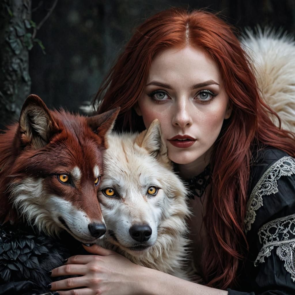 Gothic Art: Woman with Red Hair and White Wolf