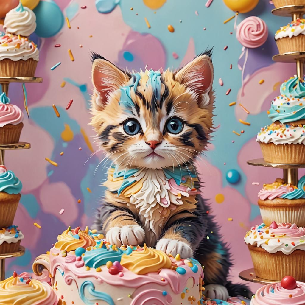 Kitten on Colorful Cake in Whimsical Illustration