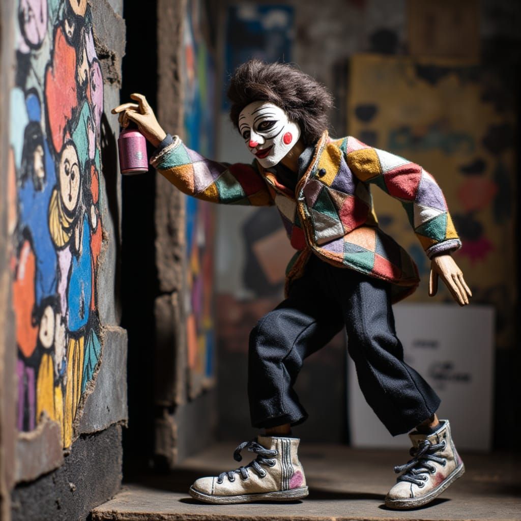 Modern Arlecchino Graffiti Artist in Urban Alley