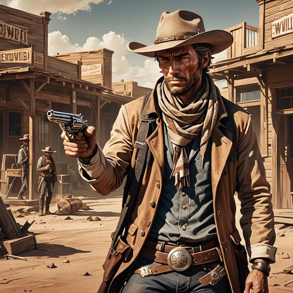 Cowboy Reloading Revolver in Desolate Western Town, Anime St...