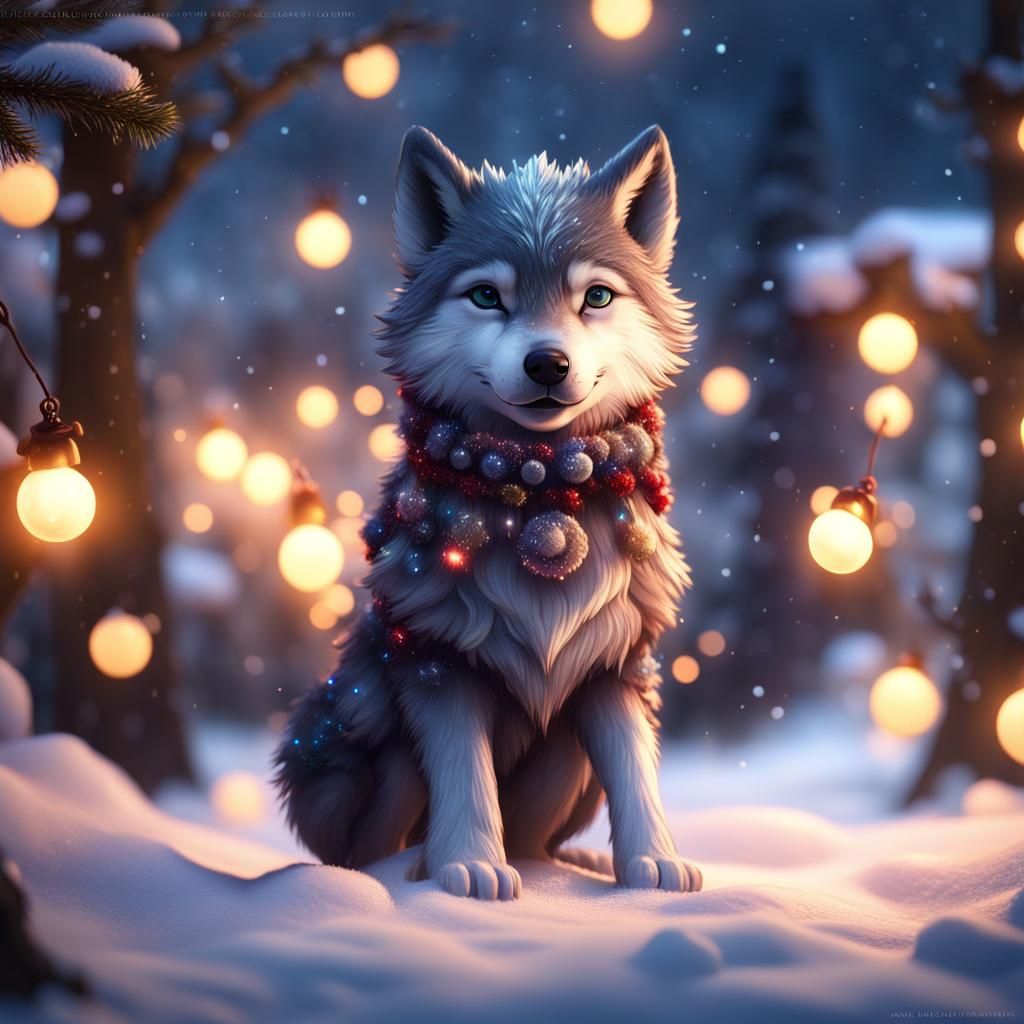 Cute Wolf Cub in Snowy Christmas Scene