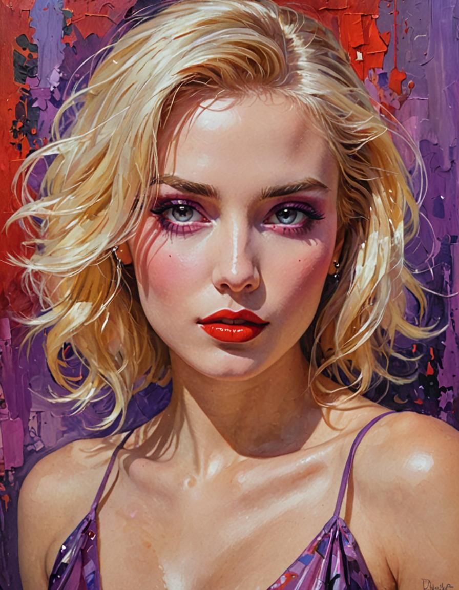 Femme Fatale in Impressionist Red-Purple Hues