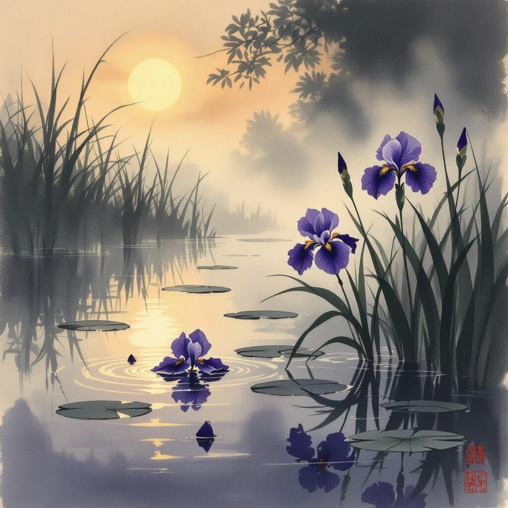Misty Pond with Fading Irises in Ukiyo-e Style