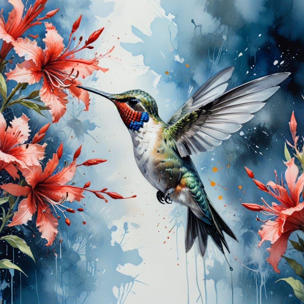 Hummingbird Amidst Cardinal Flowers in Dreamy Watercolour