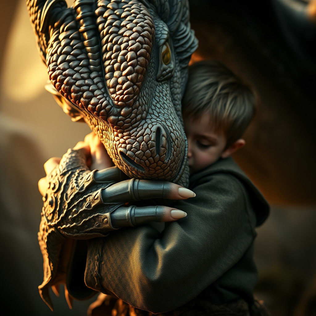 Dragon Hugging Boy with Emotional Connection