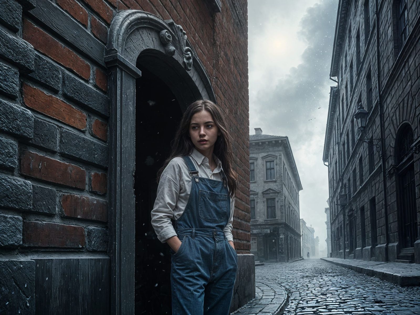 Ash-Covered Girl Hiding in Alcove: Digital Fantasy Art