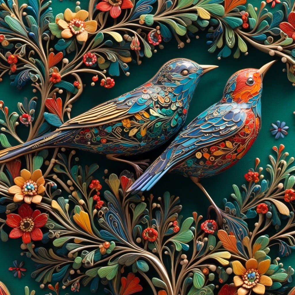 3D Starling with Forest Patterns and Colorful Plants