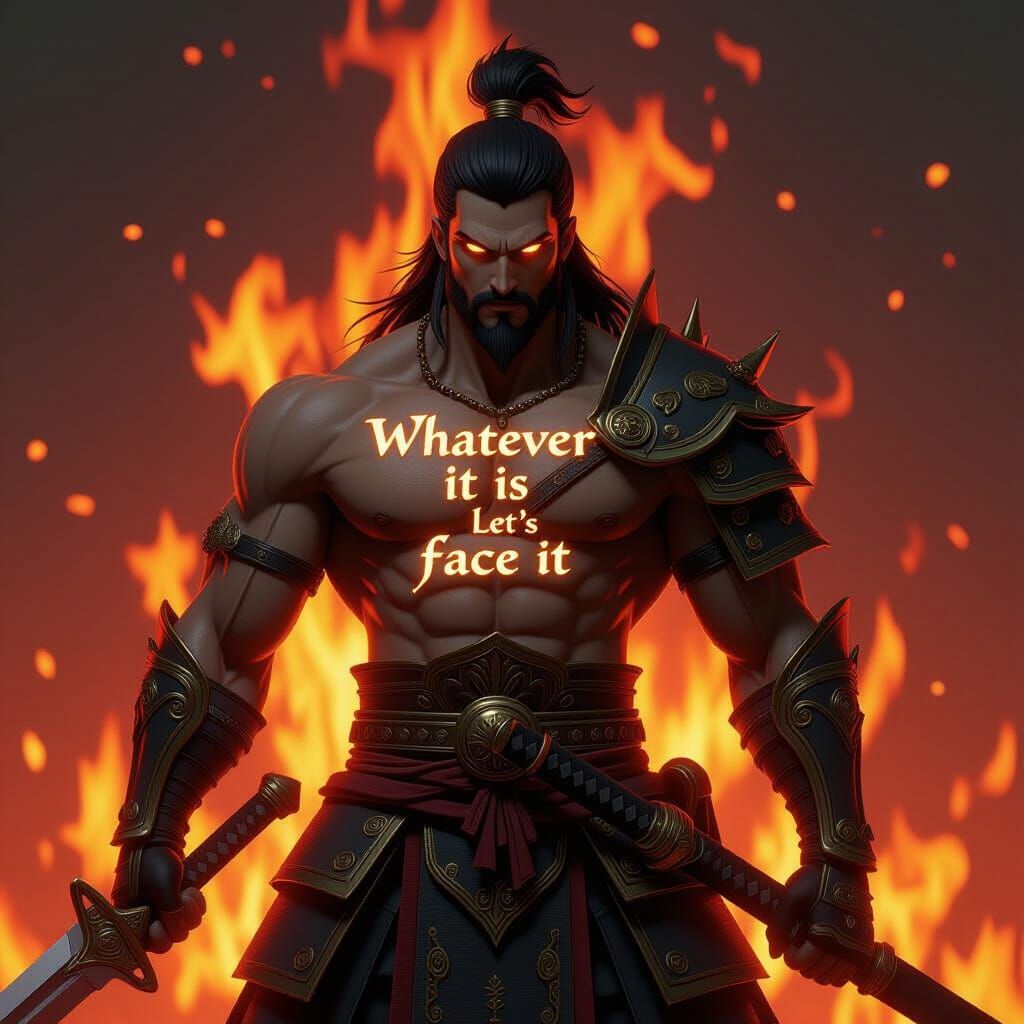 Warrior God with Fiery Background and Calligraphy