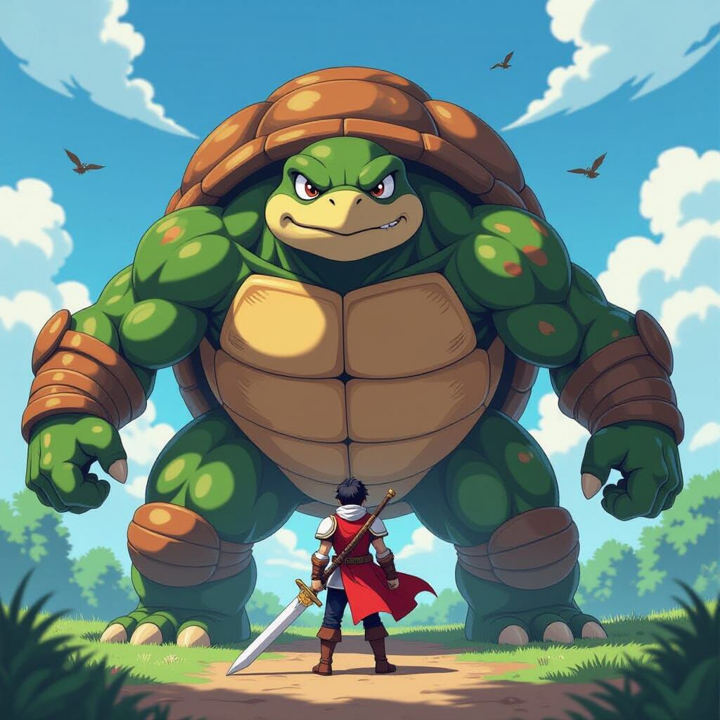 Hero's Victory: Giant Turtle Defeated, Anime Style
