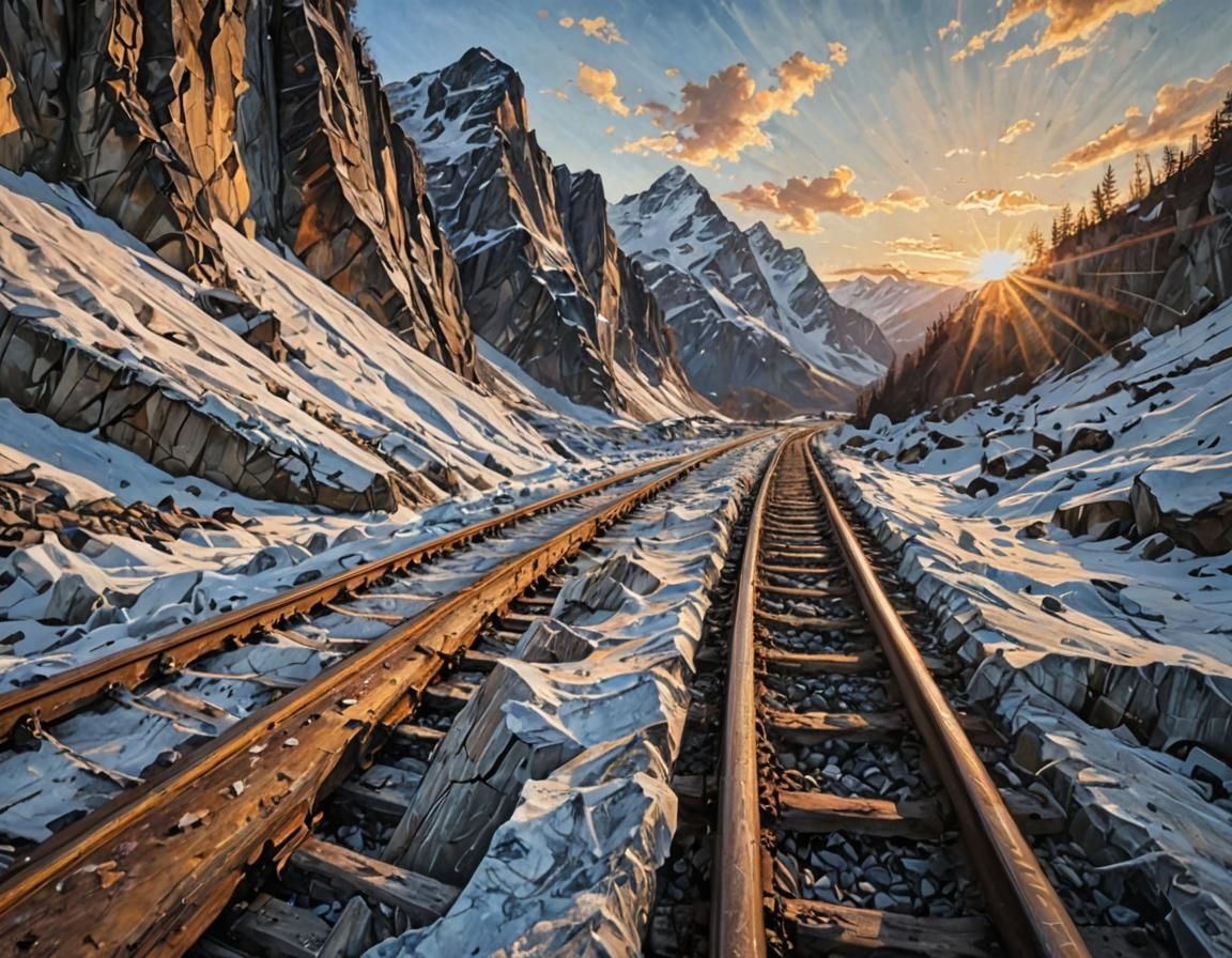 Rustic Masterpiece Painting of a Swiss Mountain Railway at S...