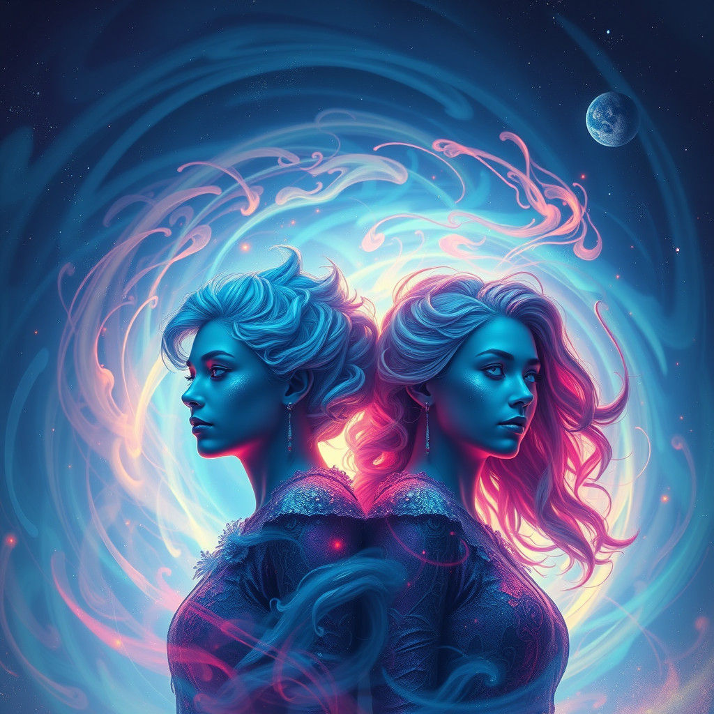 Celestial Twins in Iridescent Aurora: Matte Painting