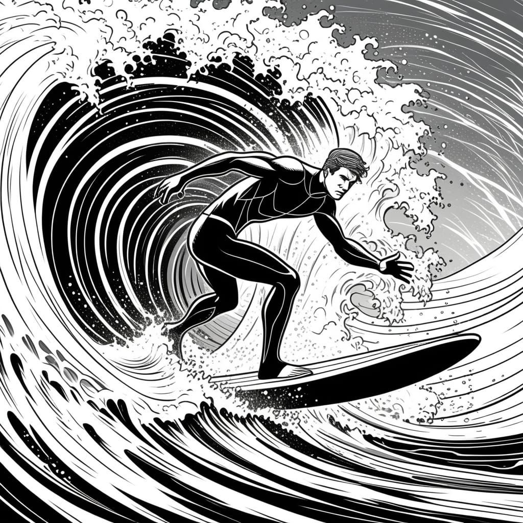 Dynamic Comic Surfer Riding Massive Wave