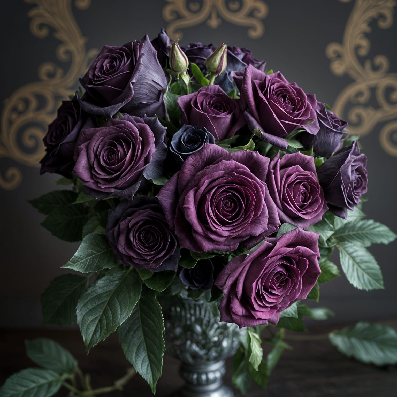 Dark Purple Roses in Intricate Vase