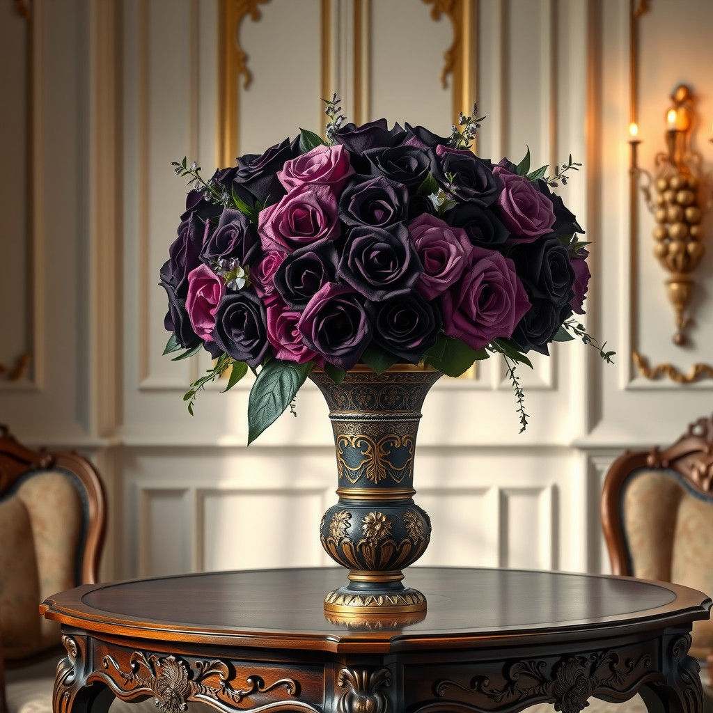 Opulent Dark Roses in Antique Vase