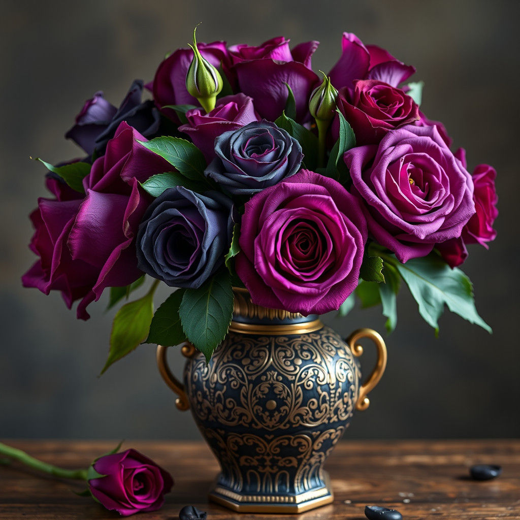 Dark Roses in Ornate Vase: Opulent Still Life