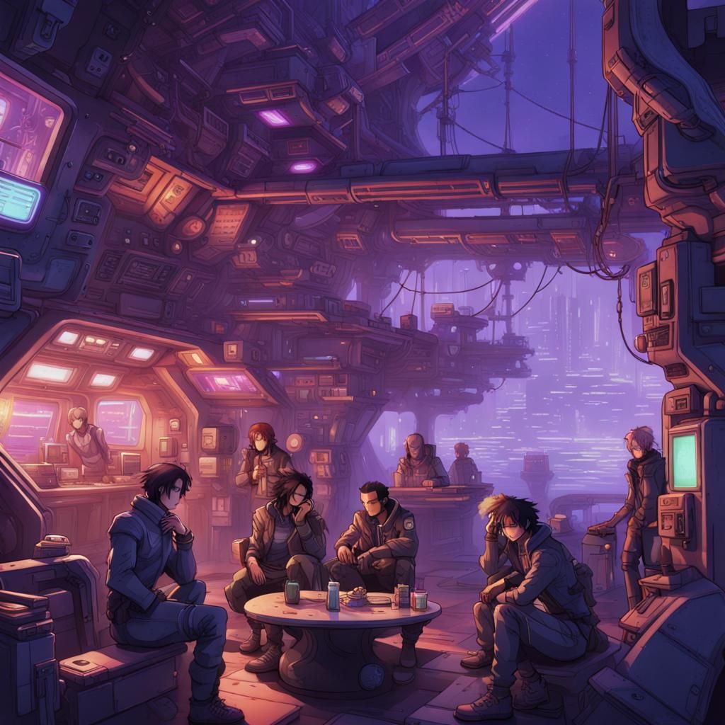 Space ship, captain and crew take a moment of relaxation into the smuggler's wharf, in a space colony.
There's a cyber...