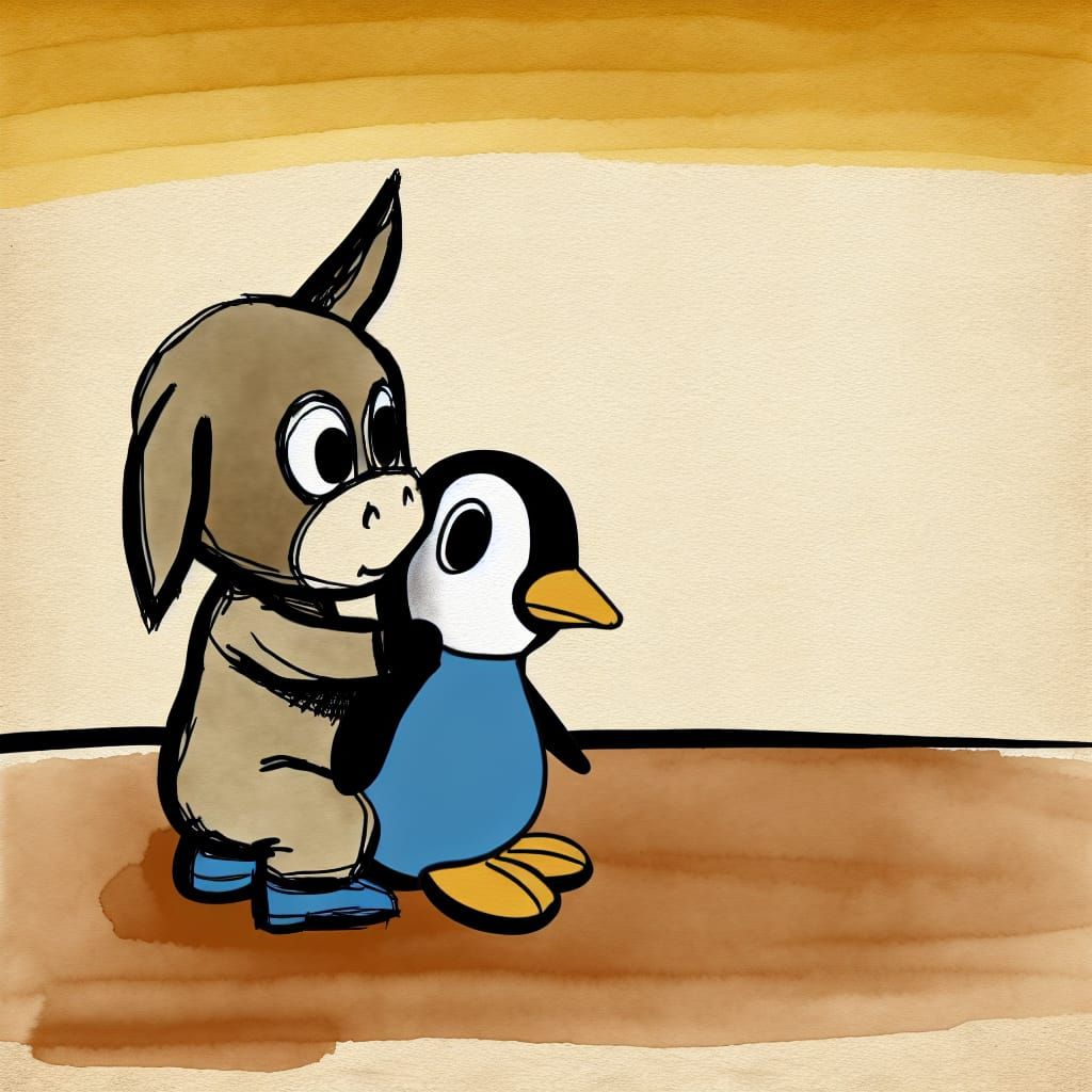 Donkey Cartoon Hugging Penguin in Watercolor Drawing