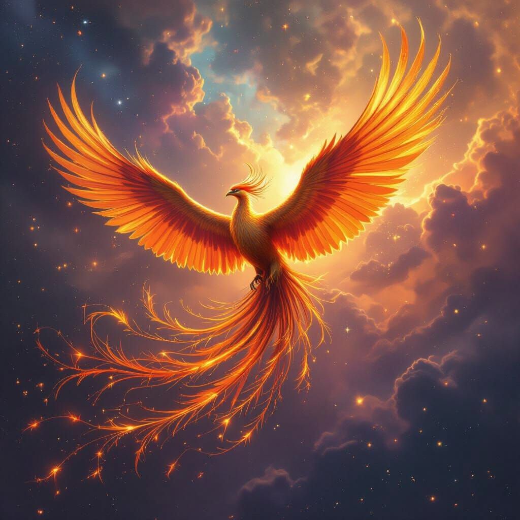 Molten Gold Phoenix Soars Through Cosmic Nebula