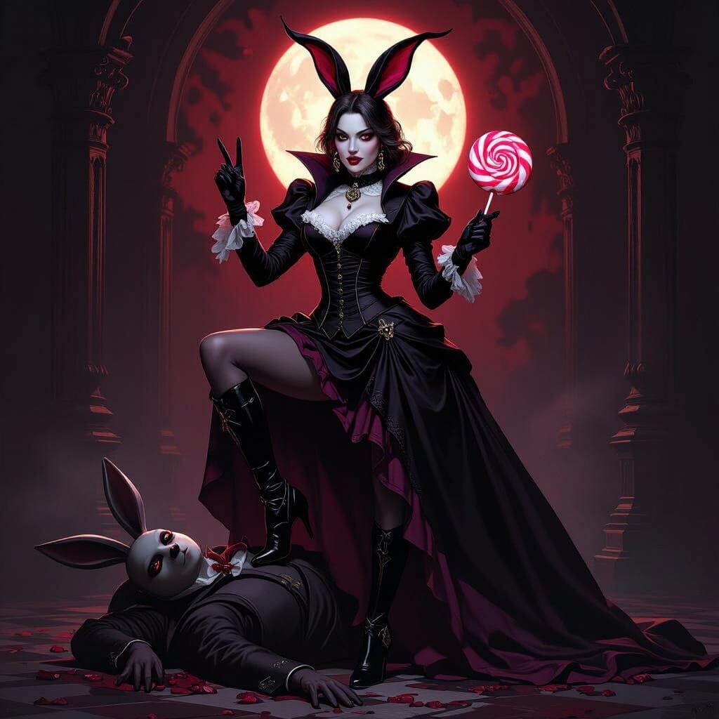 Victorian Vampire Offers Peace Sign With Bunny Lollipop