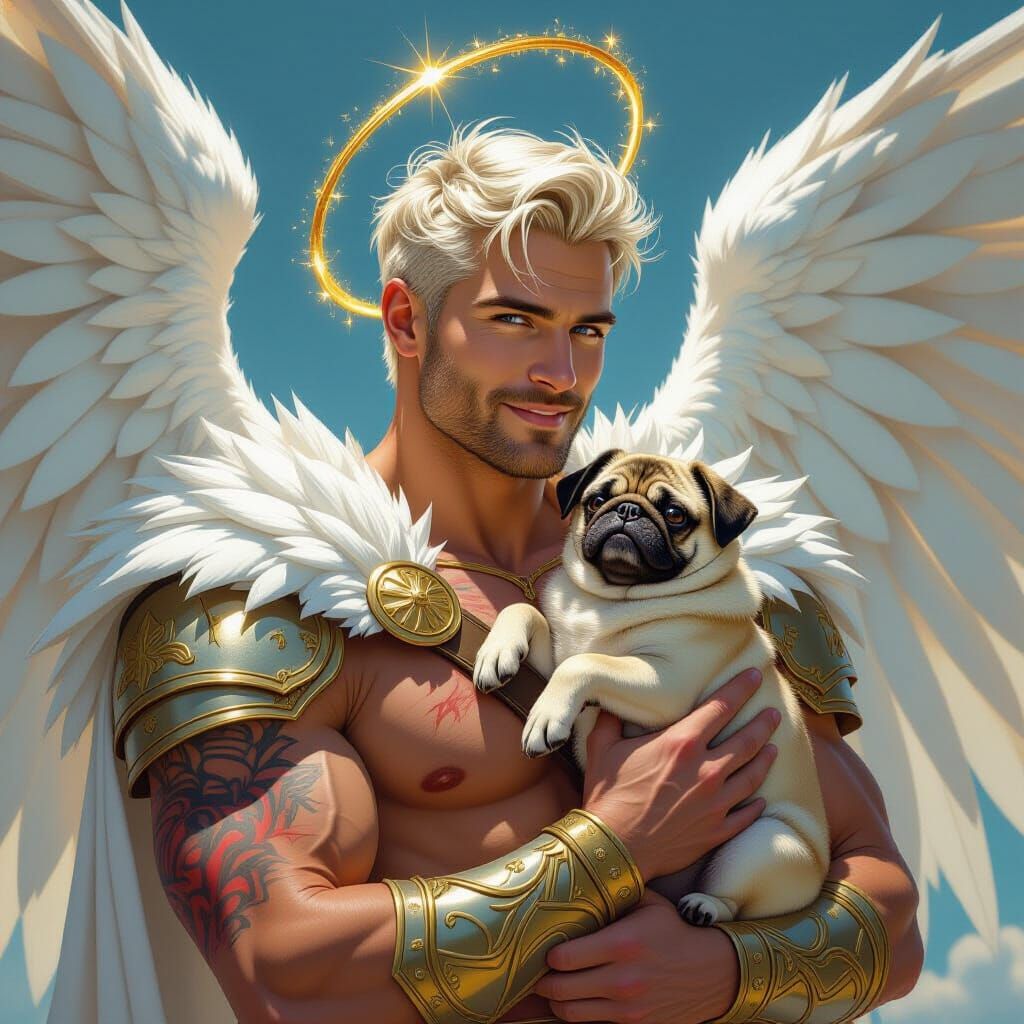 Archangel Knight with Pug in Hyperrealistic Style