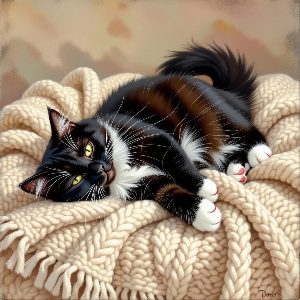 Detailed Gouache Painting of Black Cat on Blanket