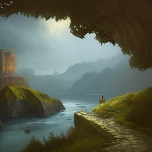 Dark Fantasy Medieval Castle Overlooking River