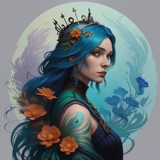 Fantasy Woman Portrait with Peacock Feathers, Art Nouveau St...