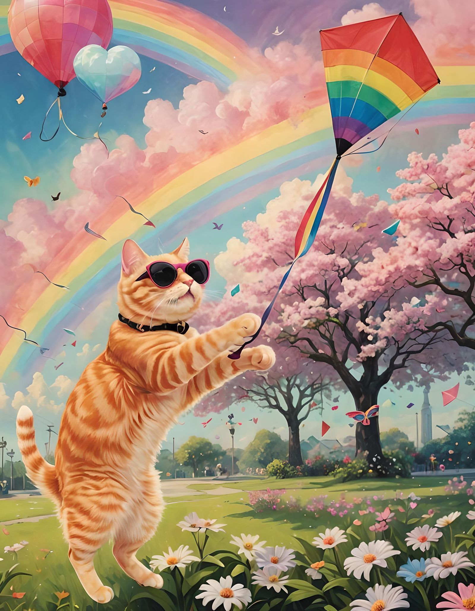 Smiling Cat Flies Kite in Pastel Rainbow Sky