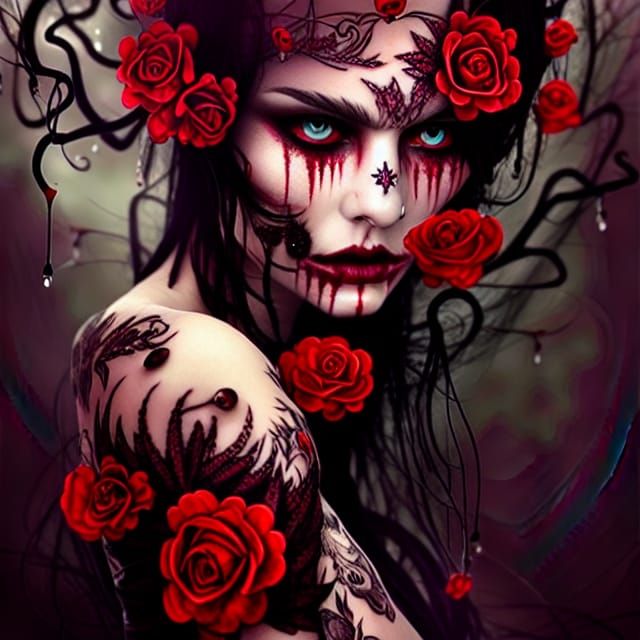 Demonic Tattooed Goddess in Maximalist Matte Painting