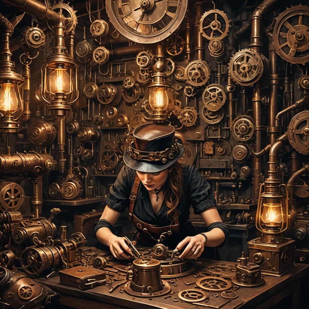 Steampunk Leatherworker in Industrial Workshop Concept Art