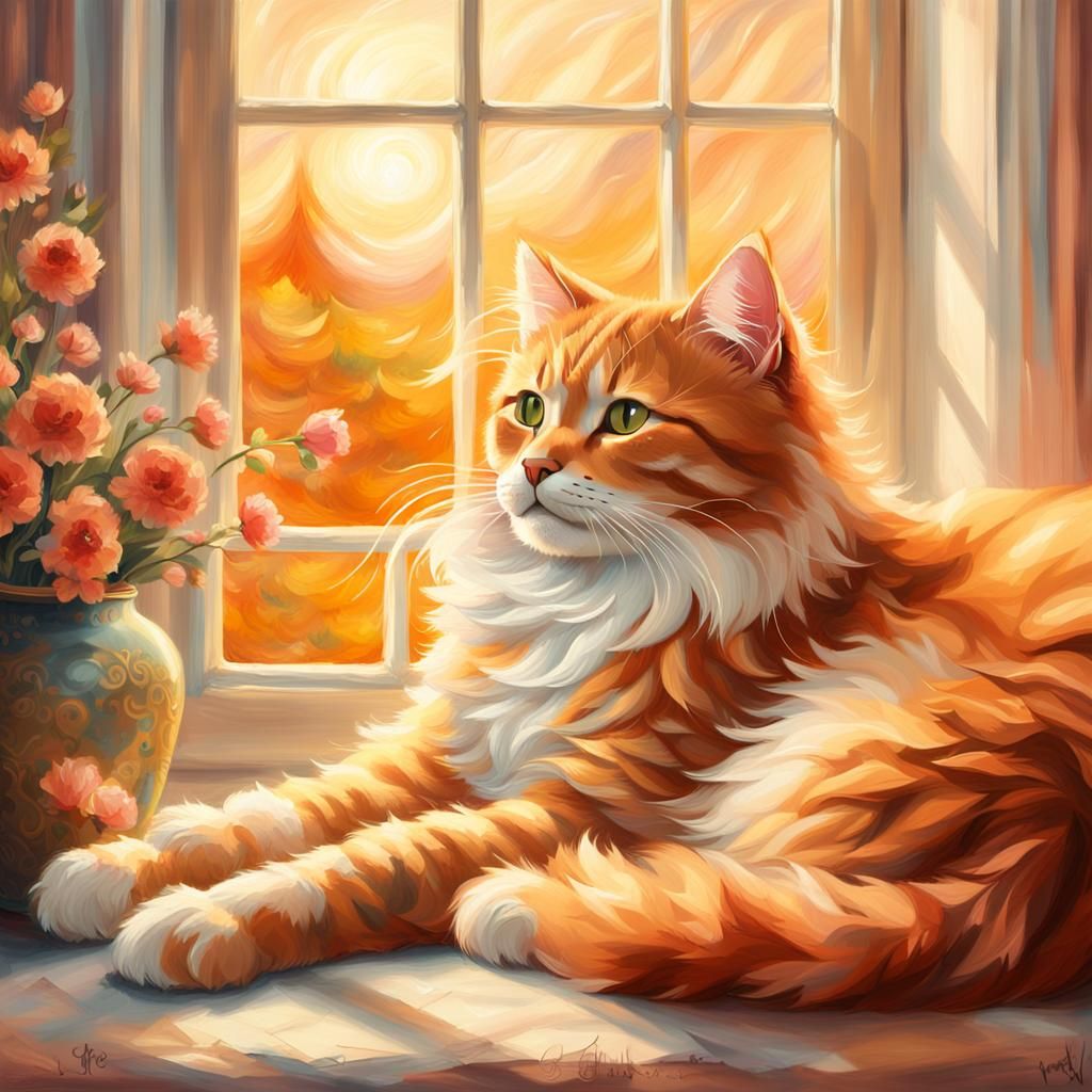 A Ginger Cat and Calico Kitten Cozy Together in a Golden Mis...