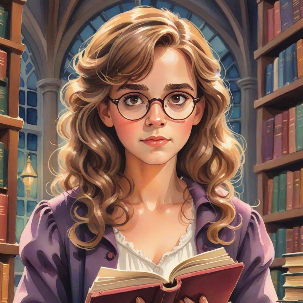 Hermione Granger in Library: Gouache Whimsical Illustration
