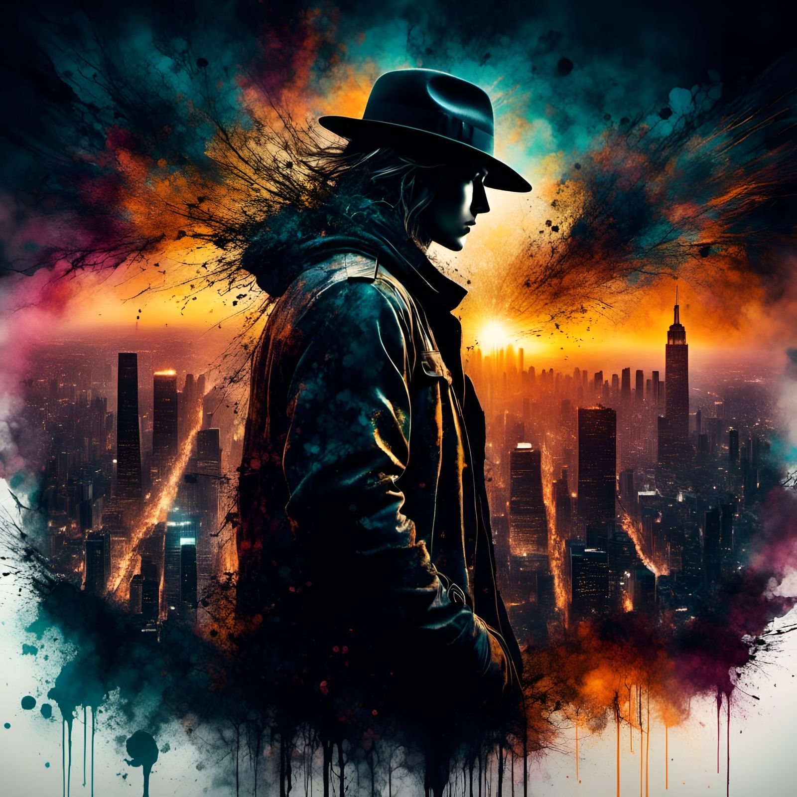 Noir Detective in Sunset Cityscape: Watercolor Illustration