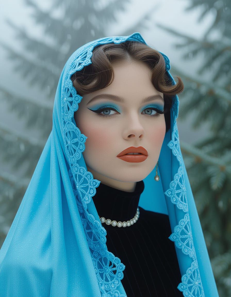 Pale Blue Gothic Headcovering with 80s Sparkle Eyeshadow