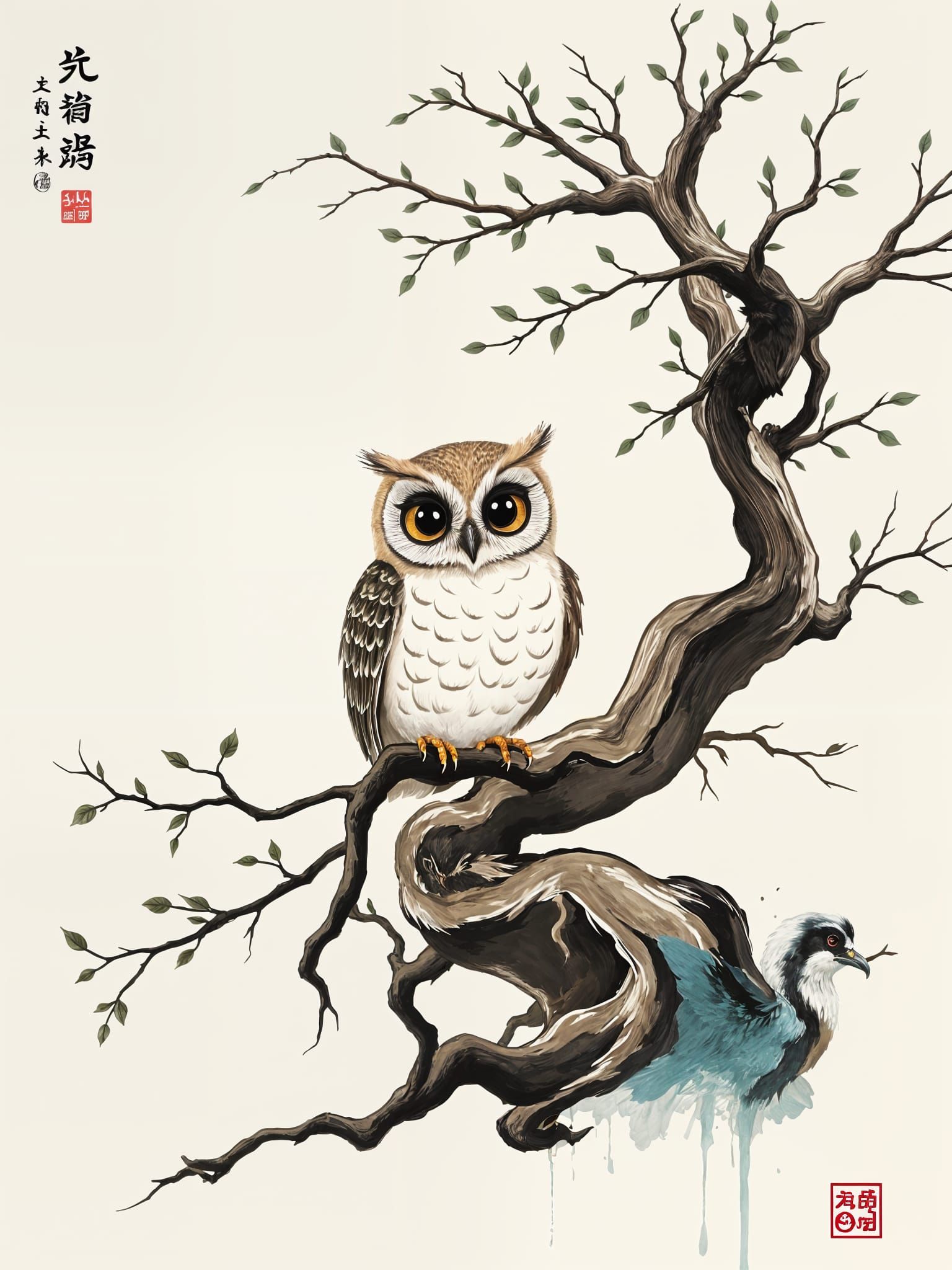 Whimsical Owl in Corvidicon-Style Sumi-e Minimalism