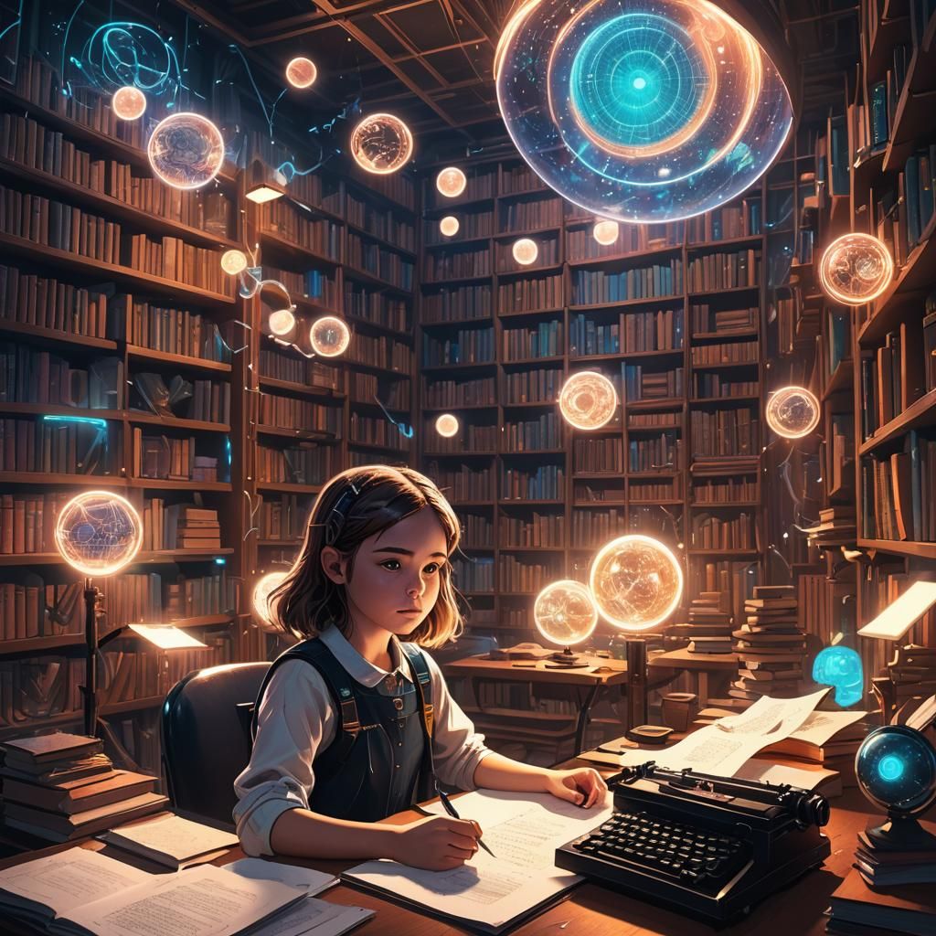 Girl and AI Typewriter in Dreamlike Library