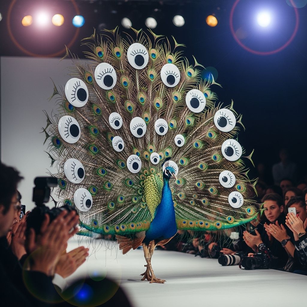 Peacock Struts Fashion Runway Adorned with Googly Eyes