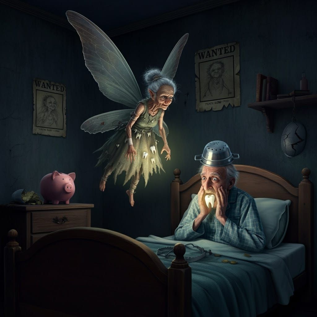 Elderly Tooth Fairy in Dimly Lit Bedroom