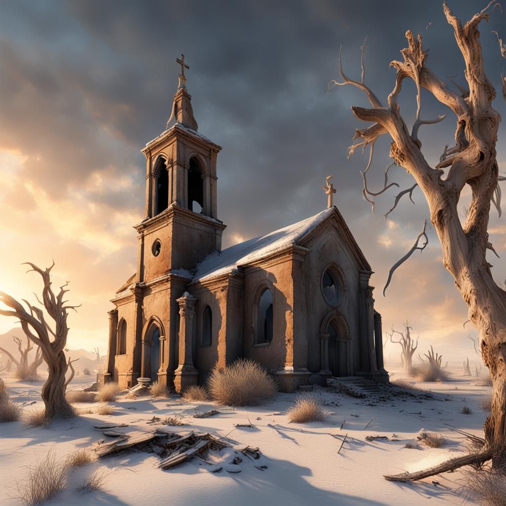 Abandoned Desert Church Ablaze in Snow, Photorealistic
