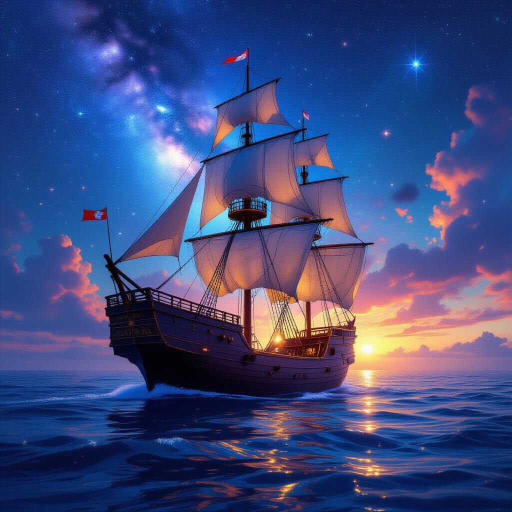 Starlight Ship Drifting on Cosmic Sea in 8K