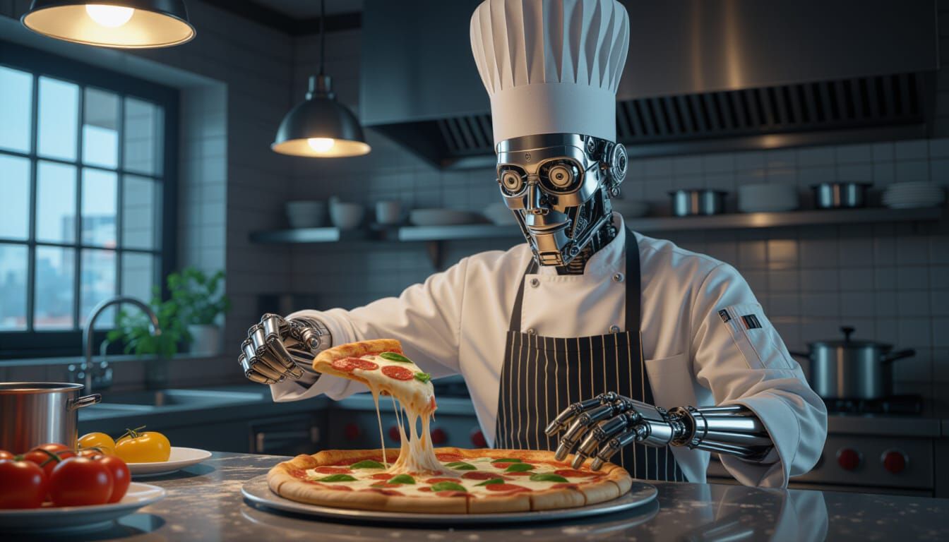 Hyperrealistic Automaton Chef Tossing Pizza