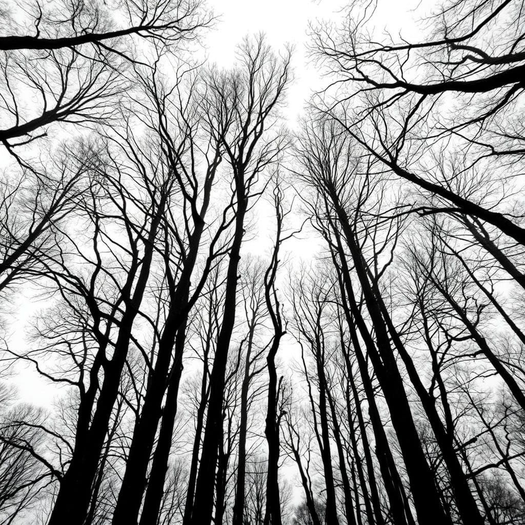 A black-and-white photograph capturing a dramatic upward view of a dense forest in winter.