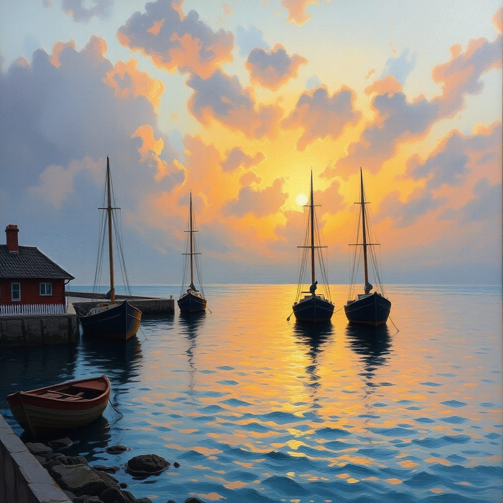 Sunset Over Small Harbour in Malevich Style