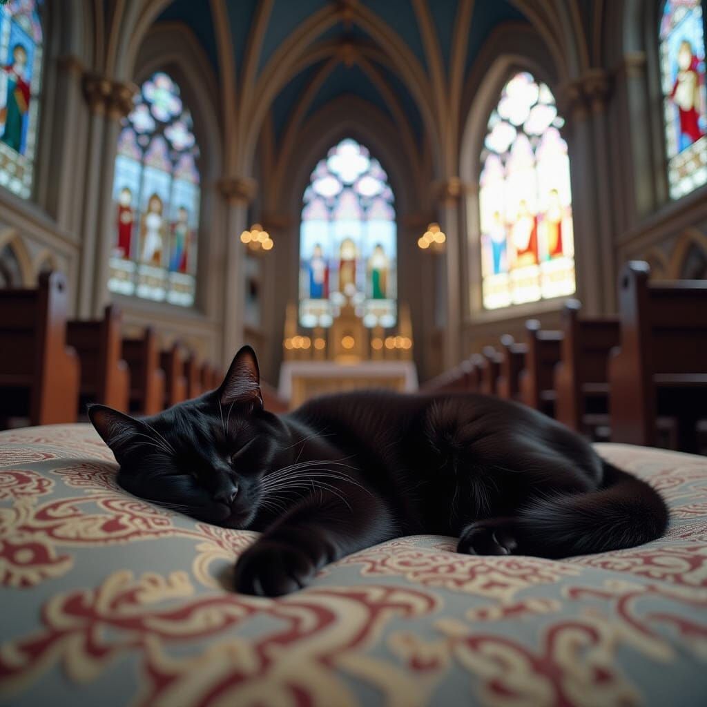 Black Cat Sleeps in Grand Cathedral with Stained Glass