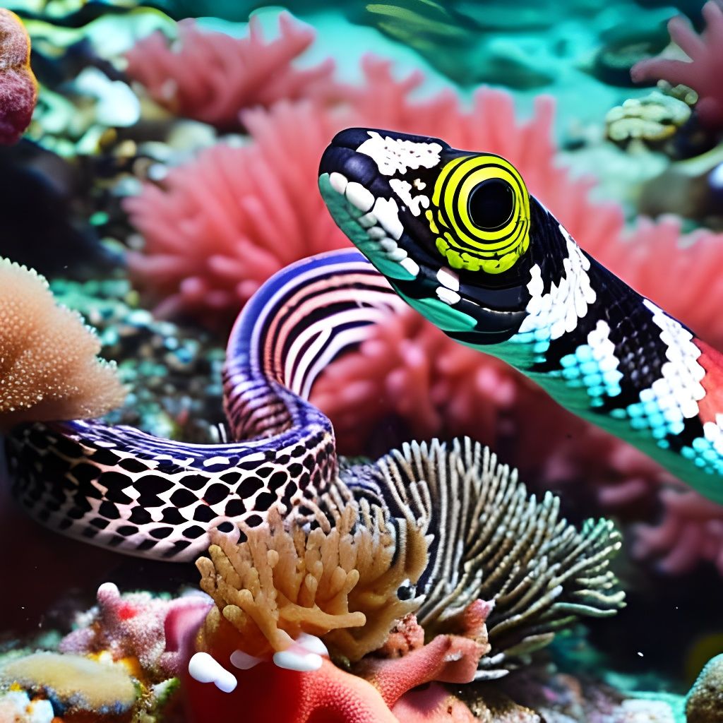 Striped Snake Diving in Colorful Coral Reef