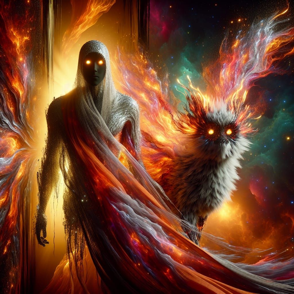 Immortal Eternal Steps Through Golden Rift in Hyperrealistic...