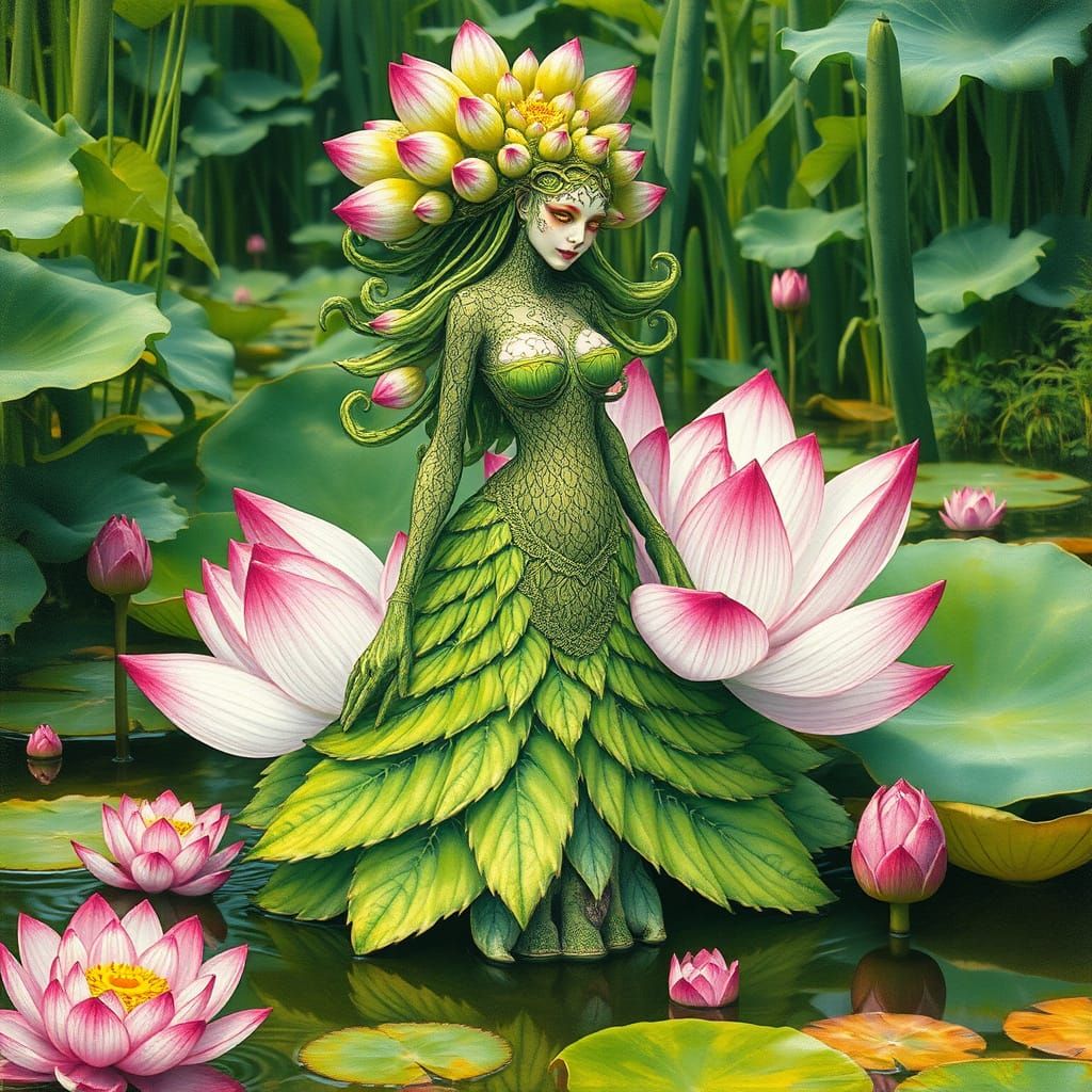 Surreal Mutant Lotus Lady in Pond